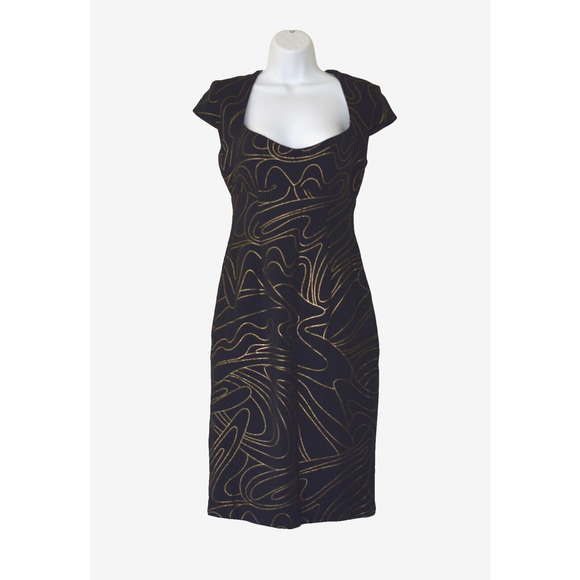 A5 Auth CACHE CONTOURE COLLECTION Blk Metallic Golden Swirl Print Dress Sz US 6 - Picture 1 of 4